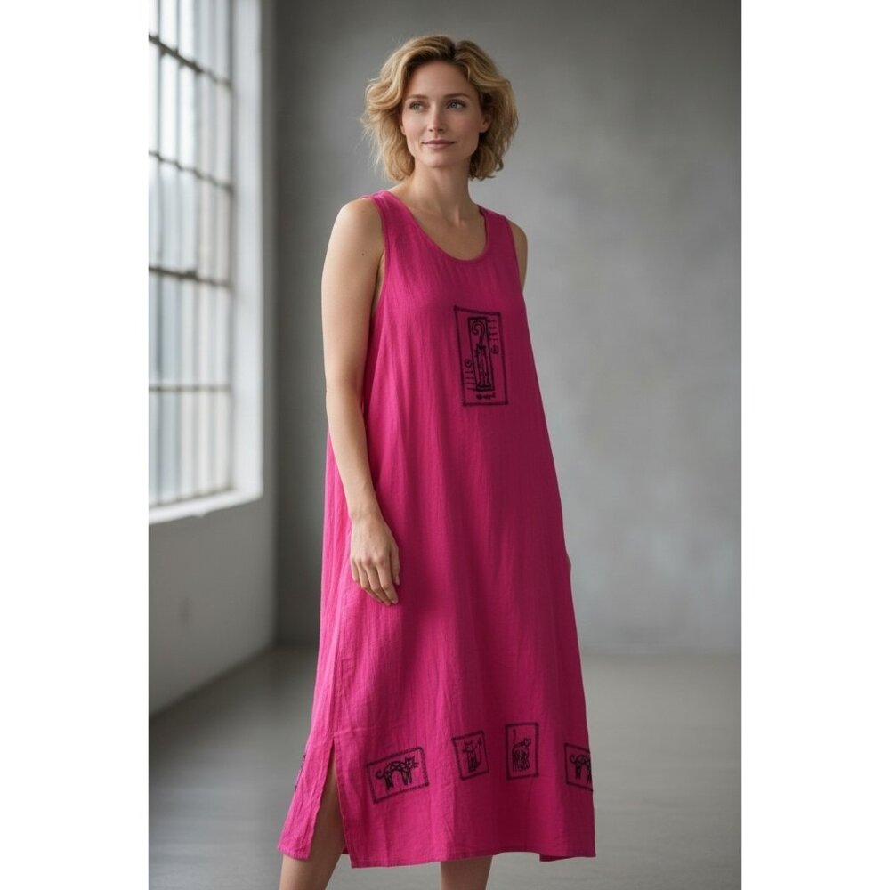 Vintage C.S.T. Studio Fuchsia Pink Cotton Kitschy Cat Embroidered Dress Size 1X